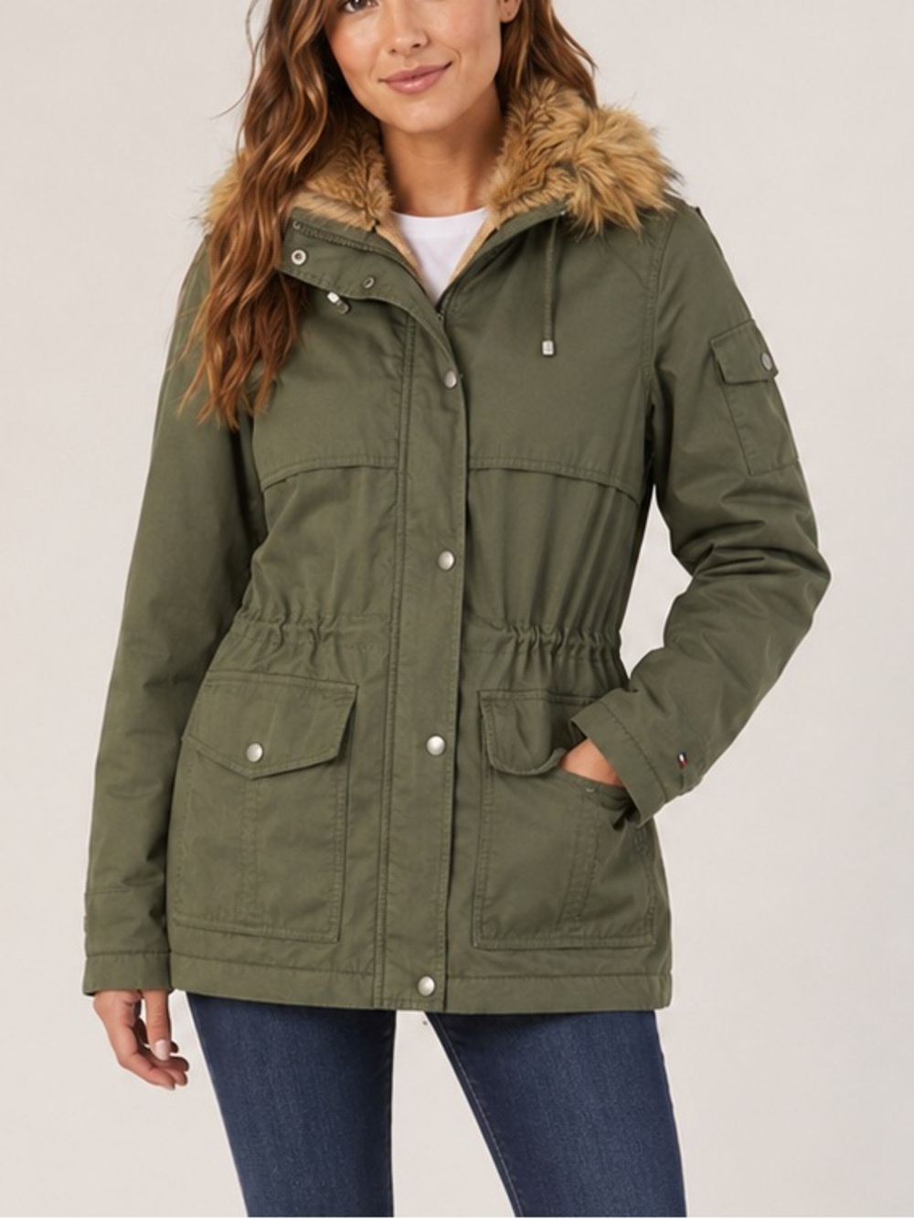 Tommy Hilfiger Army Green Hooded Cinched Parka Faux Fur Trim Women’s Size S